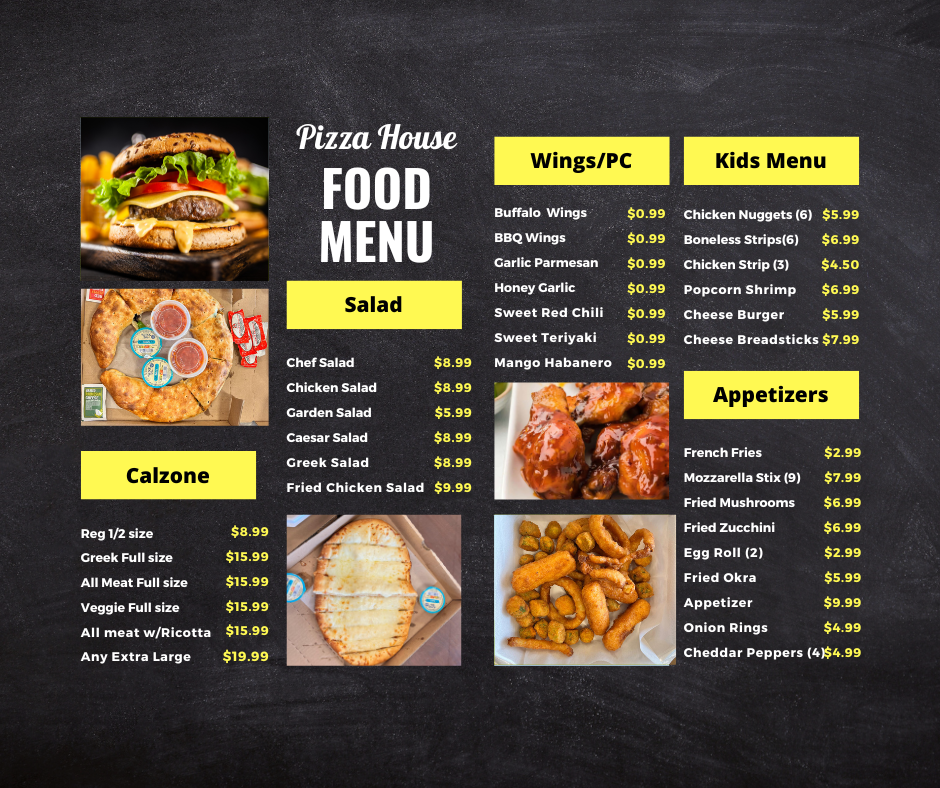 Pizza House & Wings menu board
