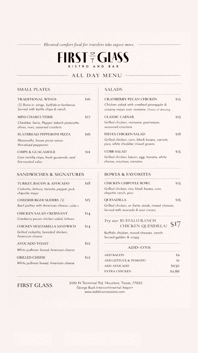 First Glass Bistro and Bar menu board