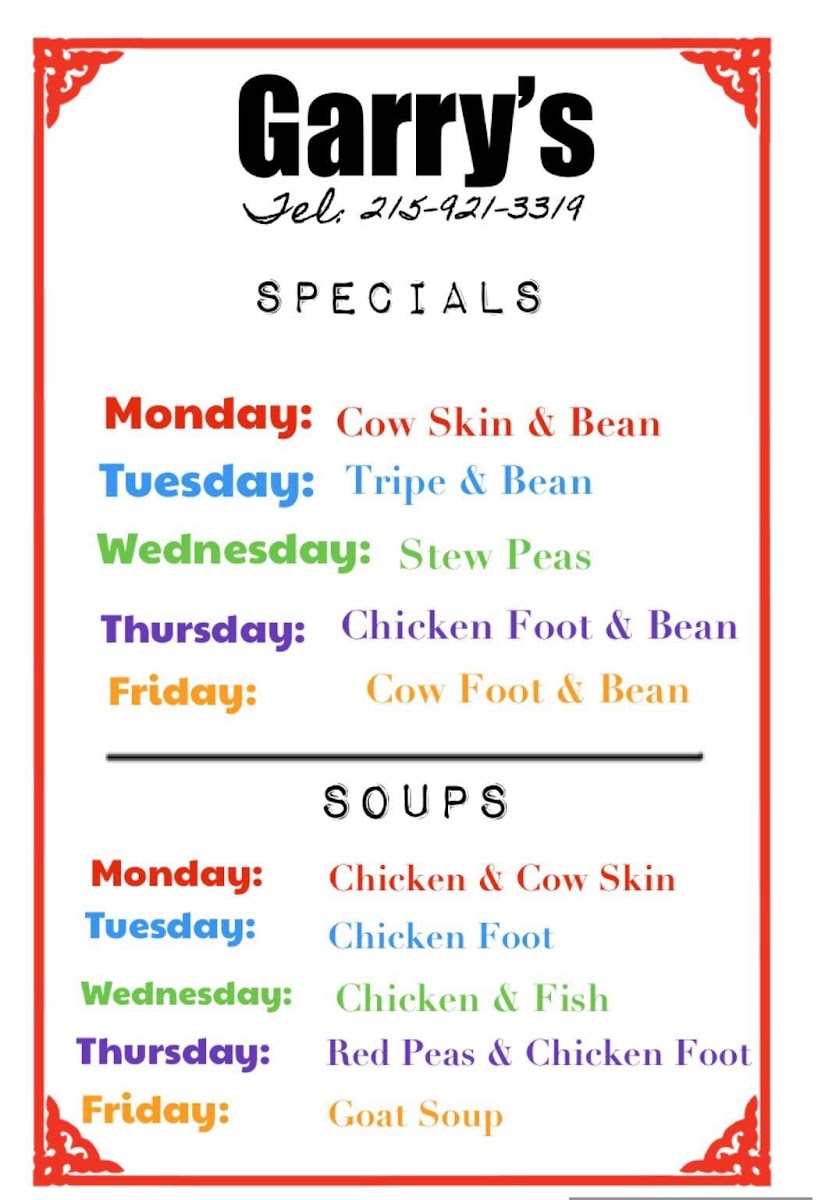 Garry's Restaurant menu board