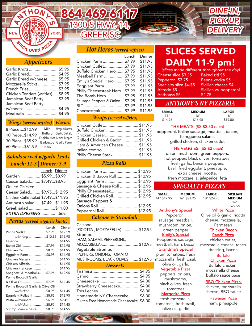 Anthony's New York Pizzeria menu board