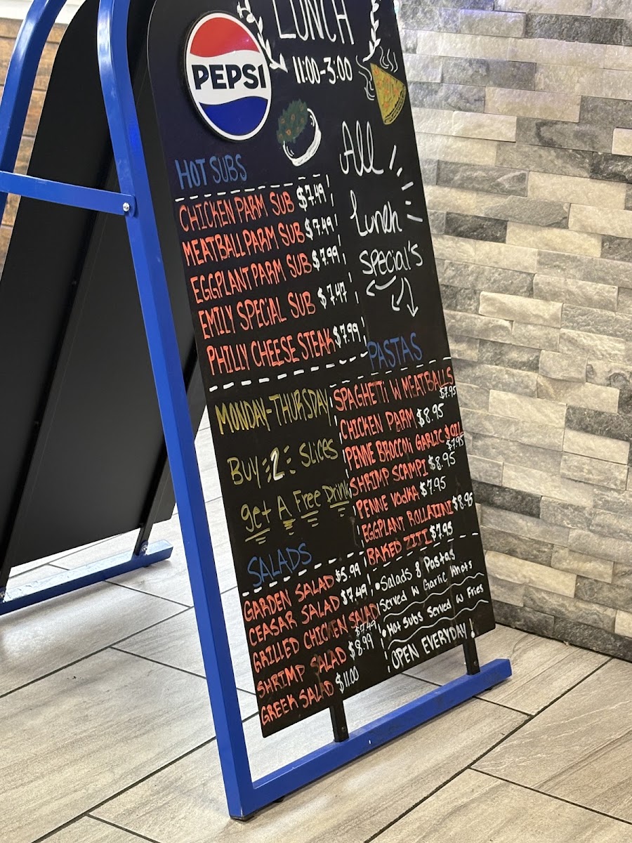 Anthony's New York Pizzeria menu board
