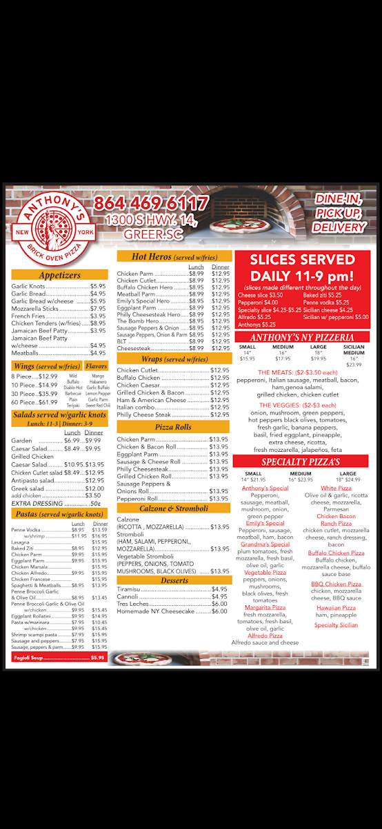 Anthony's New York Pizzeria menu board