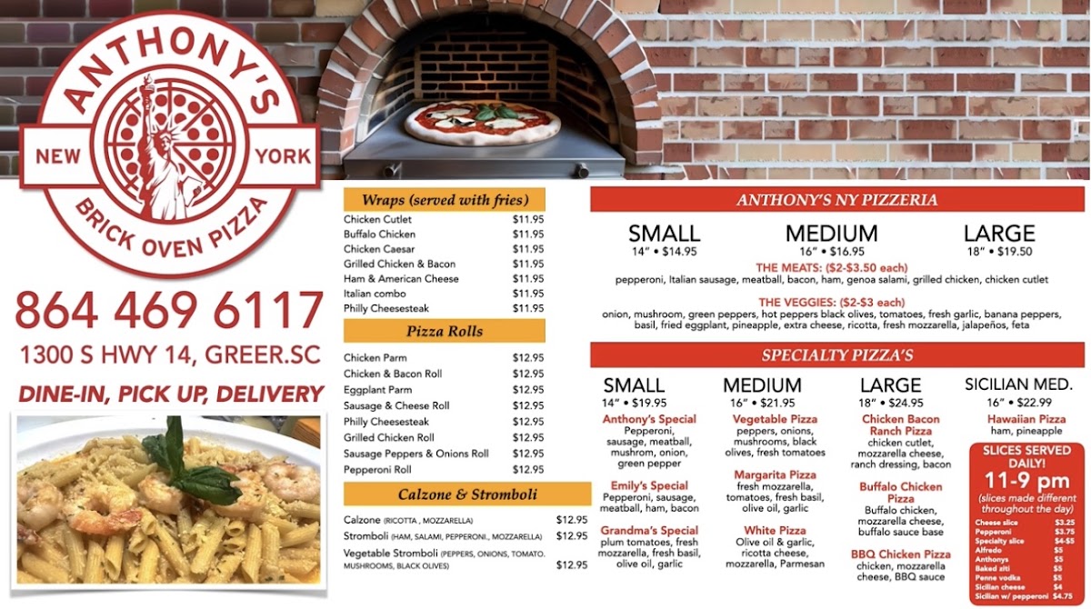 Anthony's New York Pizzeria menu board
