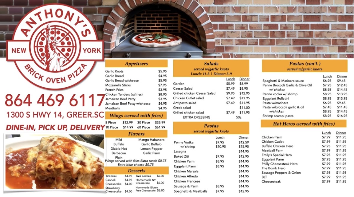 Anthony's New York Pizzeria menu board