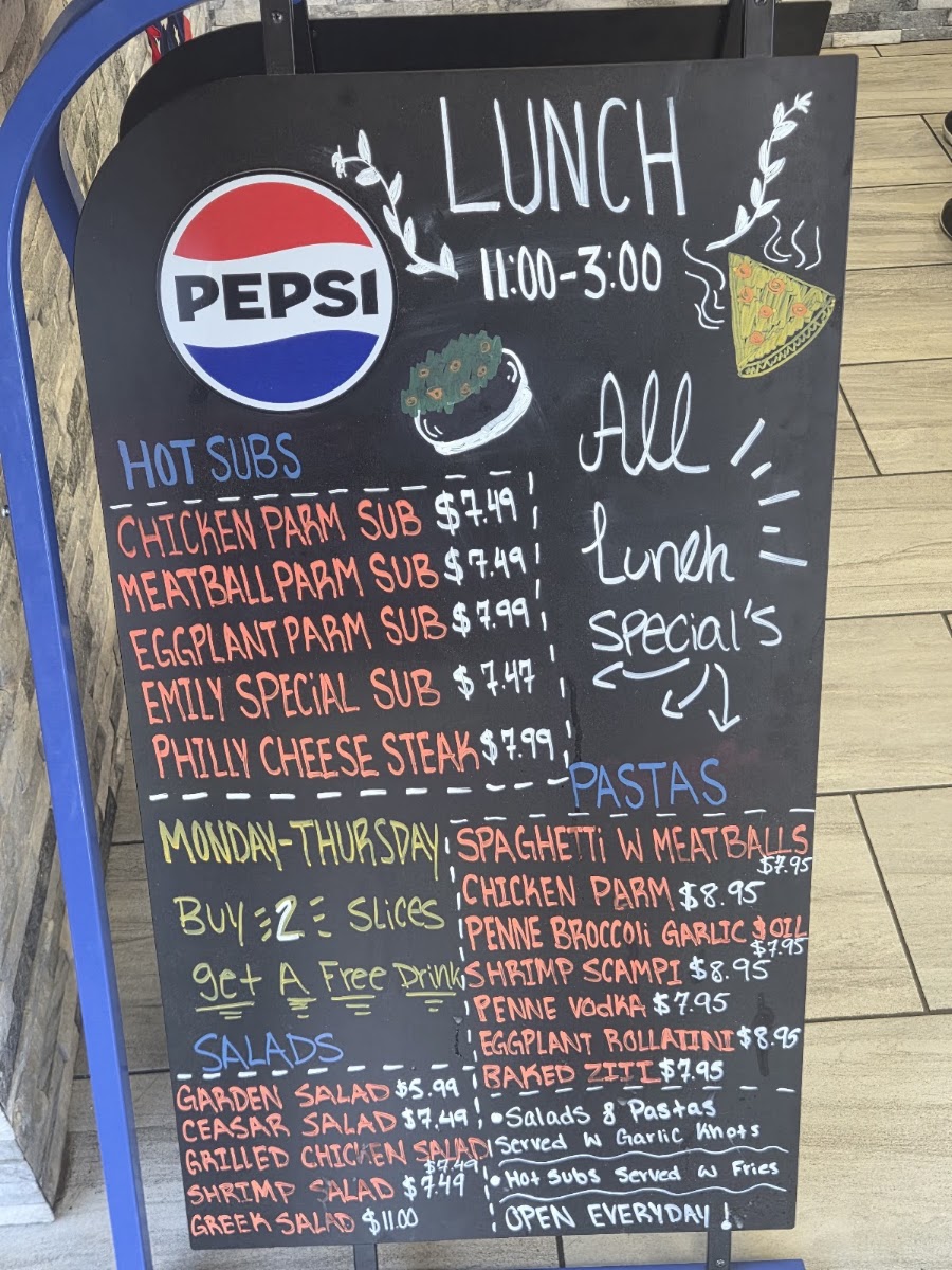 Anthony's New York Pizzeria menu board