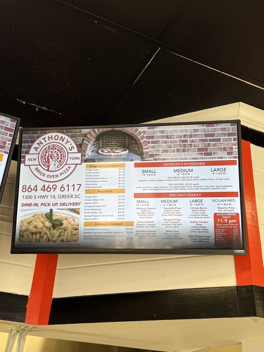 Anthony's New York Pizzeria menu board