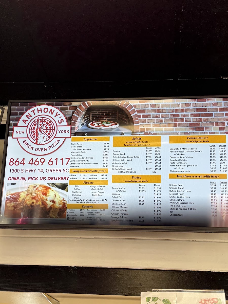 Anthony's New York Pizzeria menu board