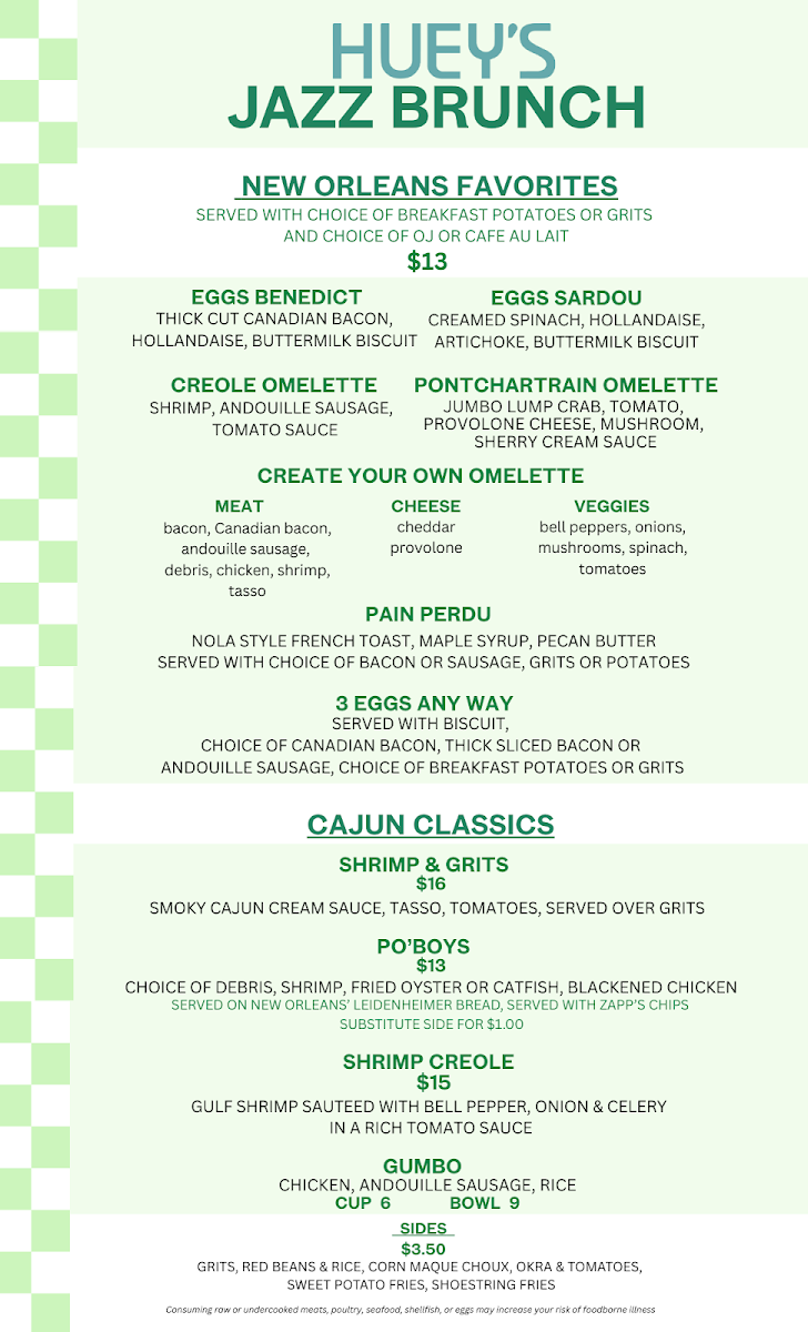 Huey's on Main menu board