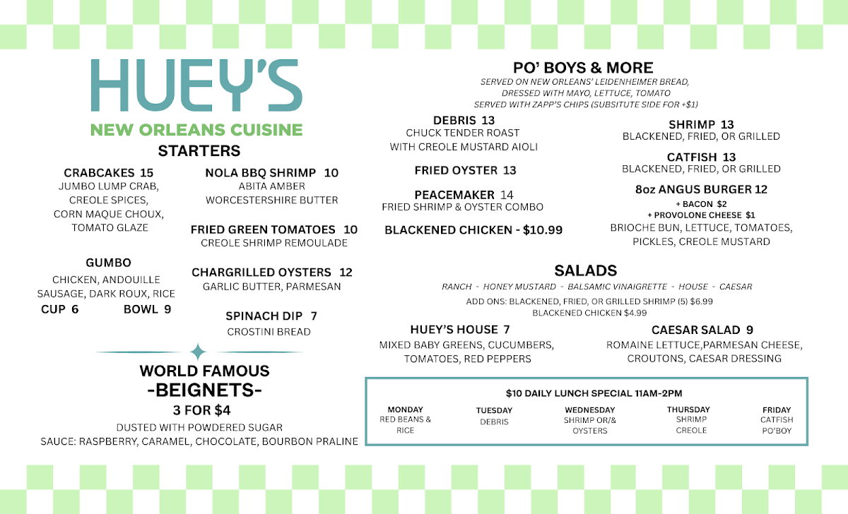 Huey's on Main menu board