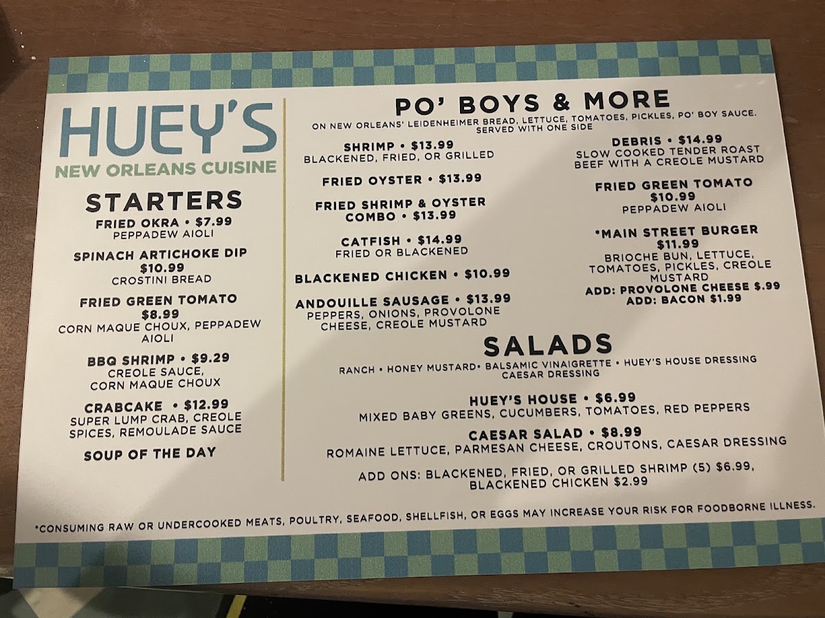 Huey's on Main menu board