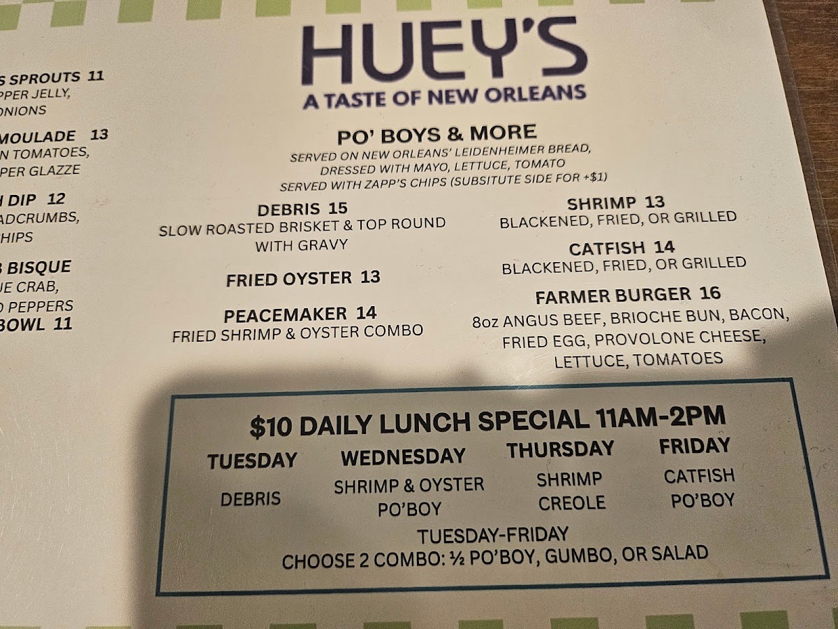 Huey's on Main menu board
