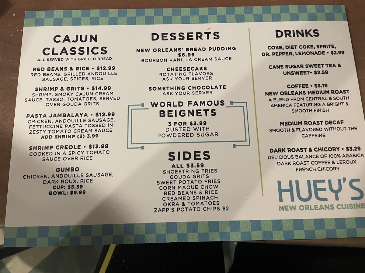 Huey's on Main menu board