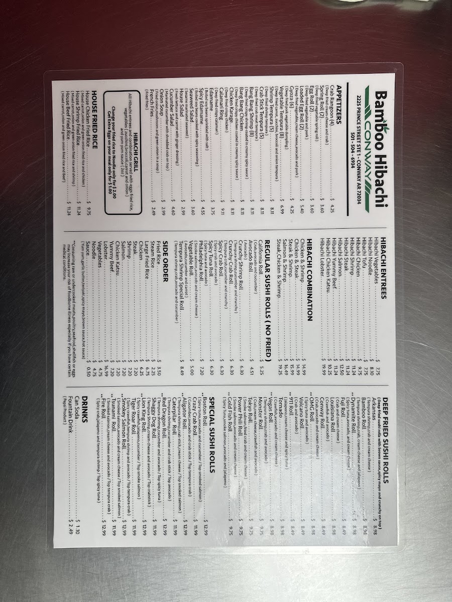 Bamboo Hibachi Conway menu board