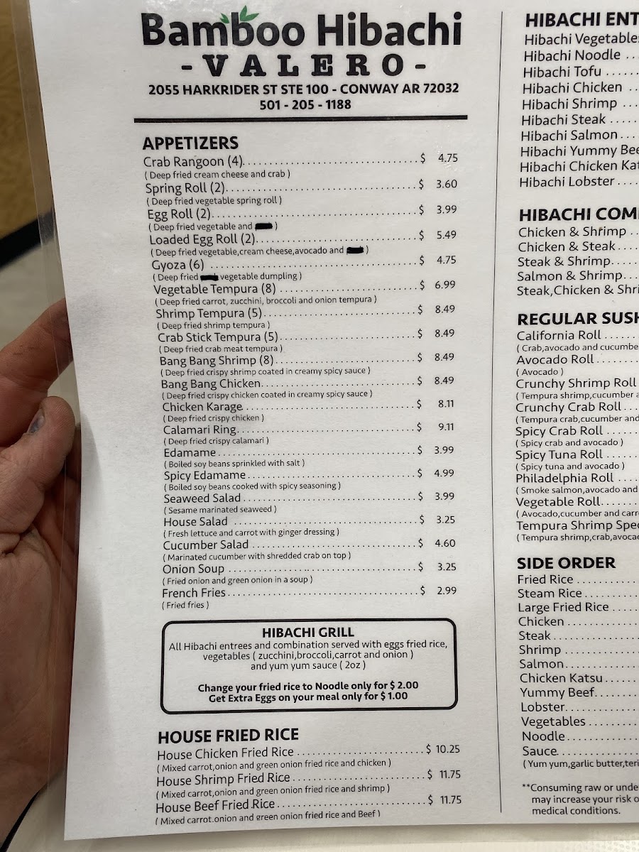 Bamboo Hibachi Conway menu board