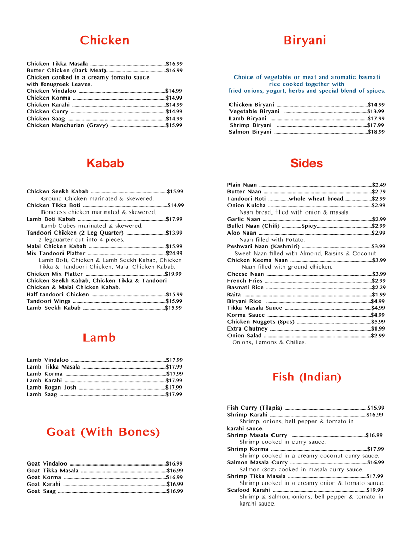 Shahi Cuisine - Indian and Chinese menu board