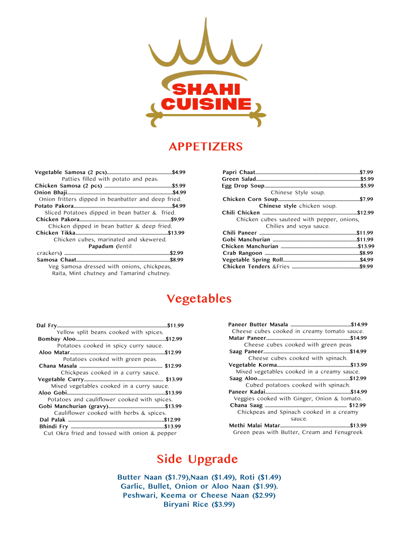 Shahi Cuisine - Indian and Chinese menu board