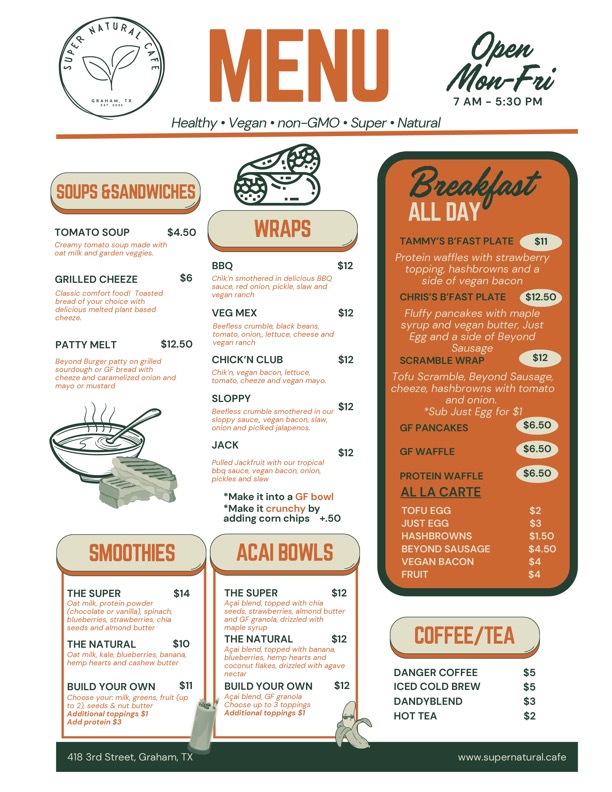 Super Natural Cafe menu board