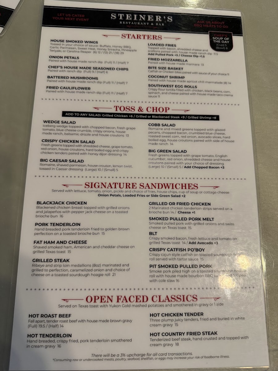 Steiner's Restaurant and Bar menu board