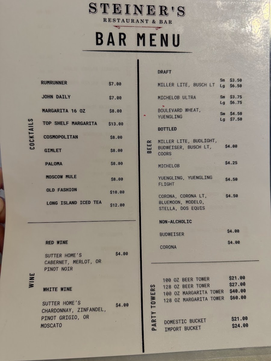 Steiner's Restaurant and Bar menu board