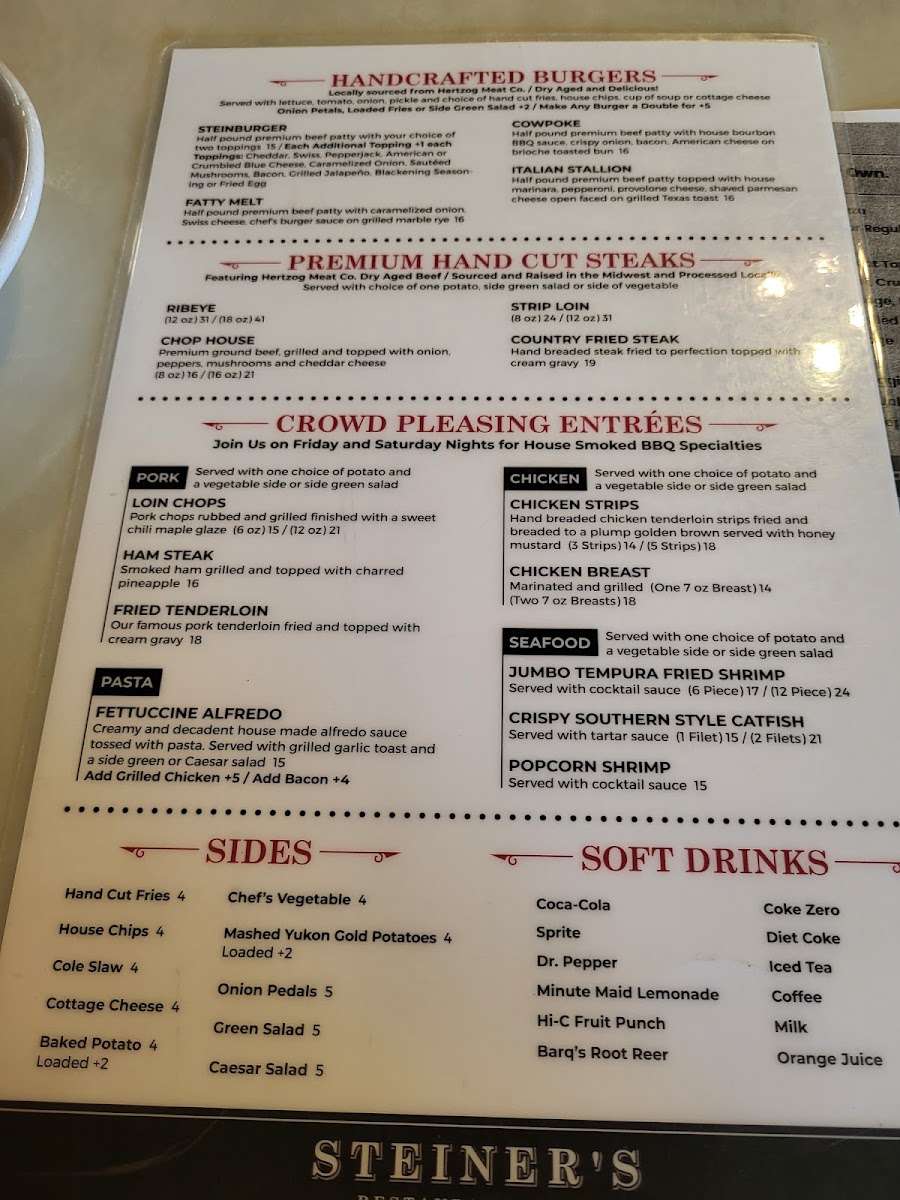 Steiner's Restaurant and Bar menu board