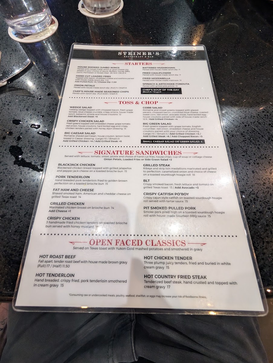 Steiner's Restaurant and Bar menu board