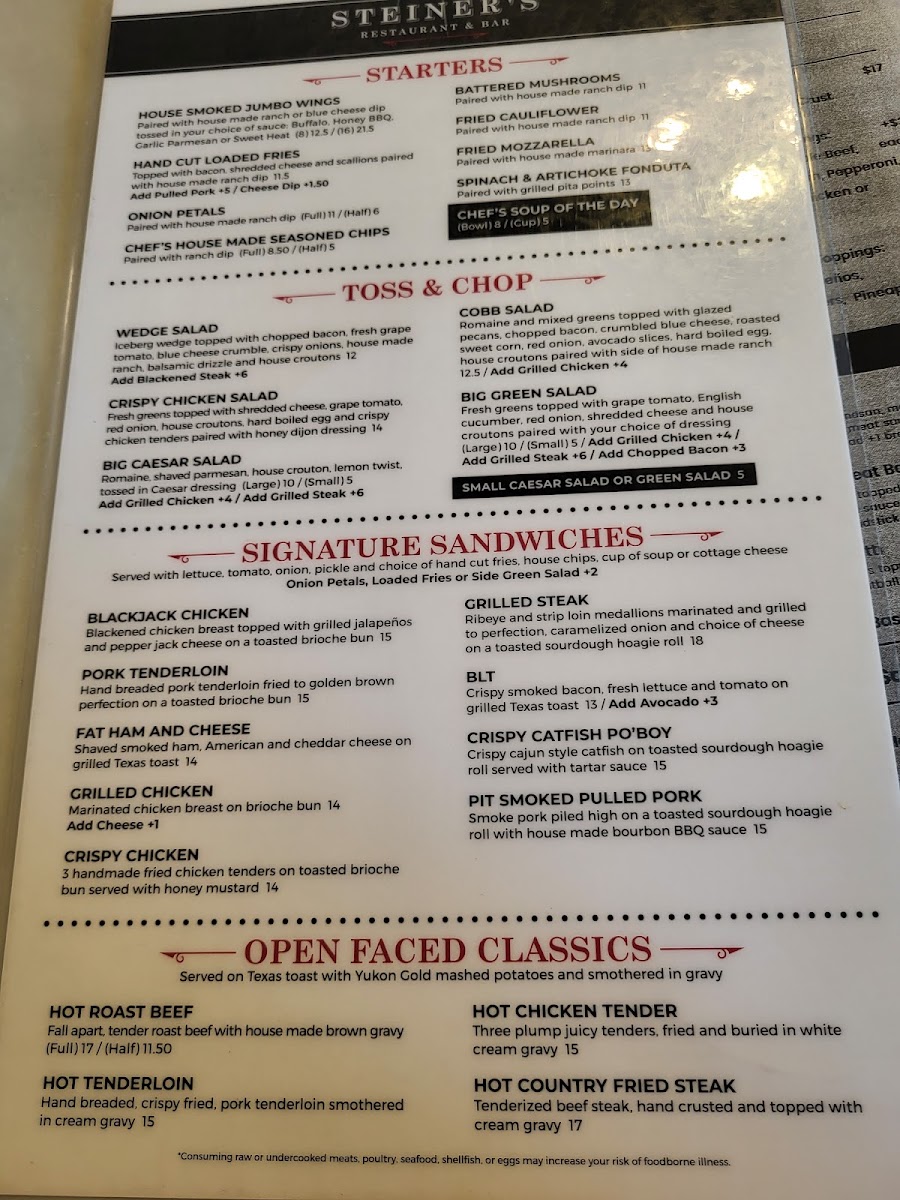 Steiner's Restaurant and Bar menu board