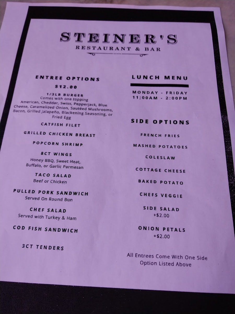 Steiner's Restaurant and Bar menu board
