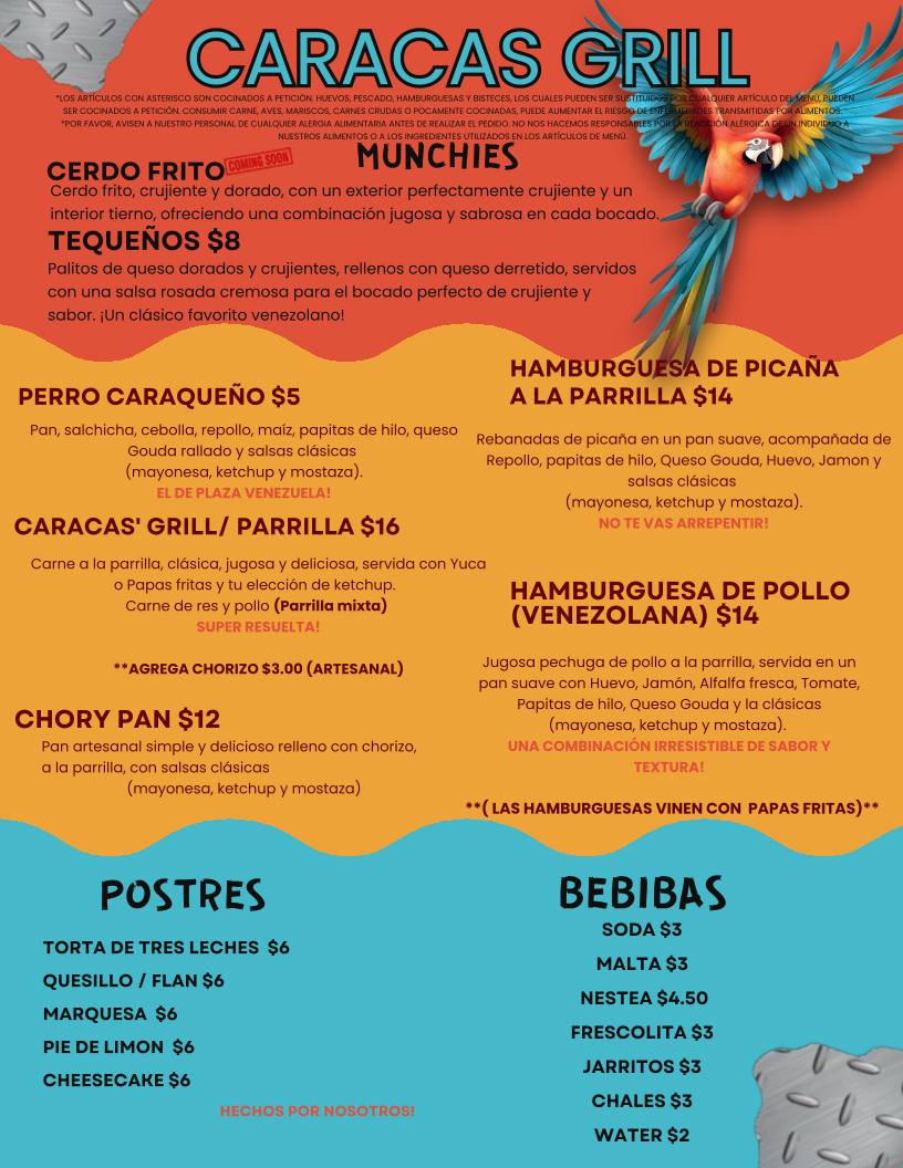 Caracas Grill menu board