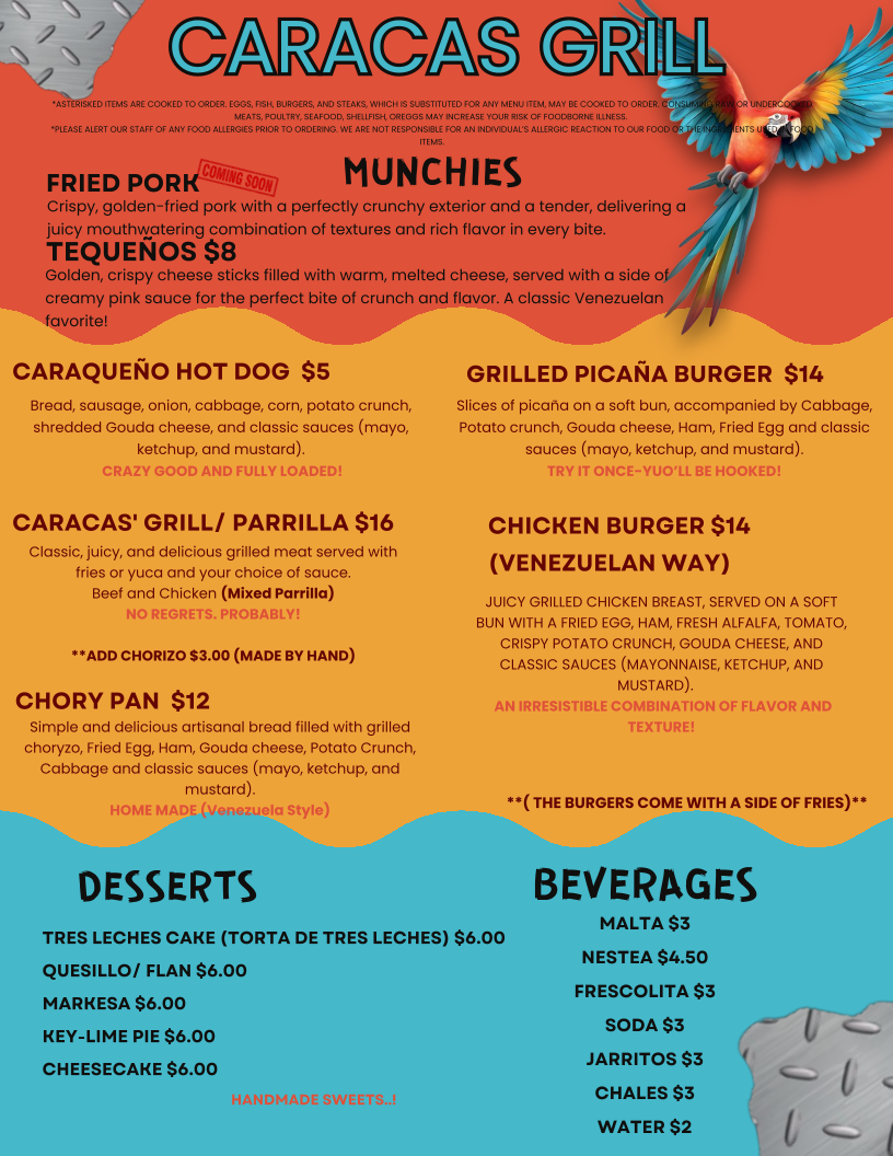 Caracas Grill menu board