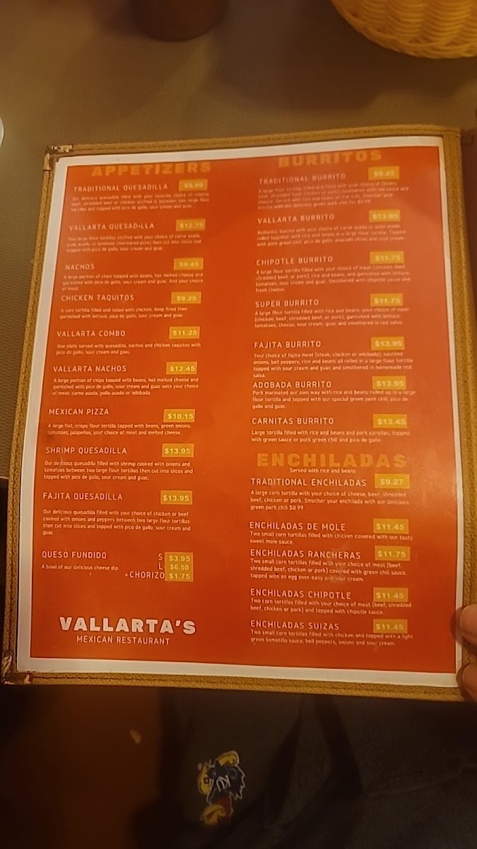 Vallarta's Mexican Restaurant menu board