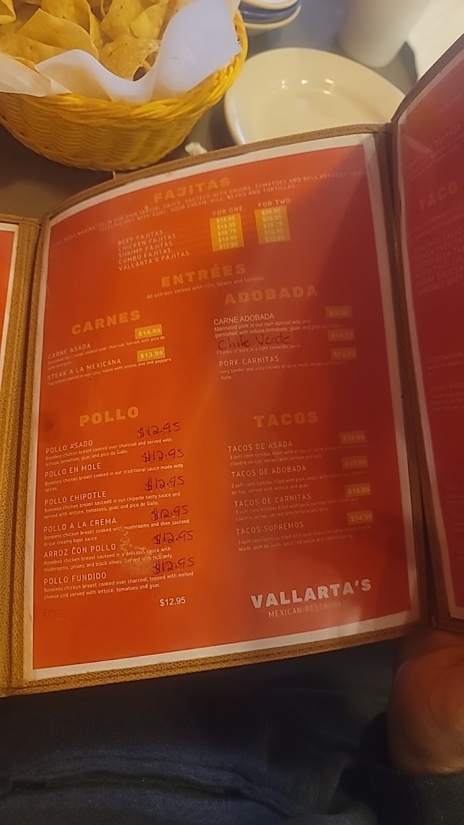 Vallarta's Mexican Restaurant menu board
