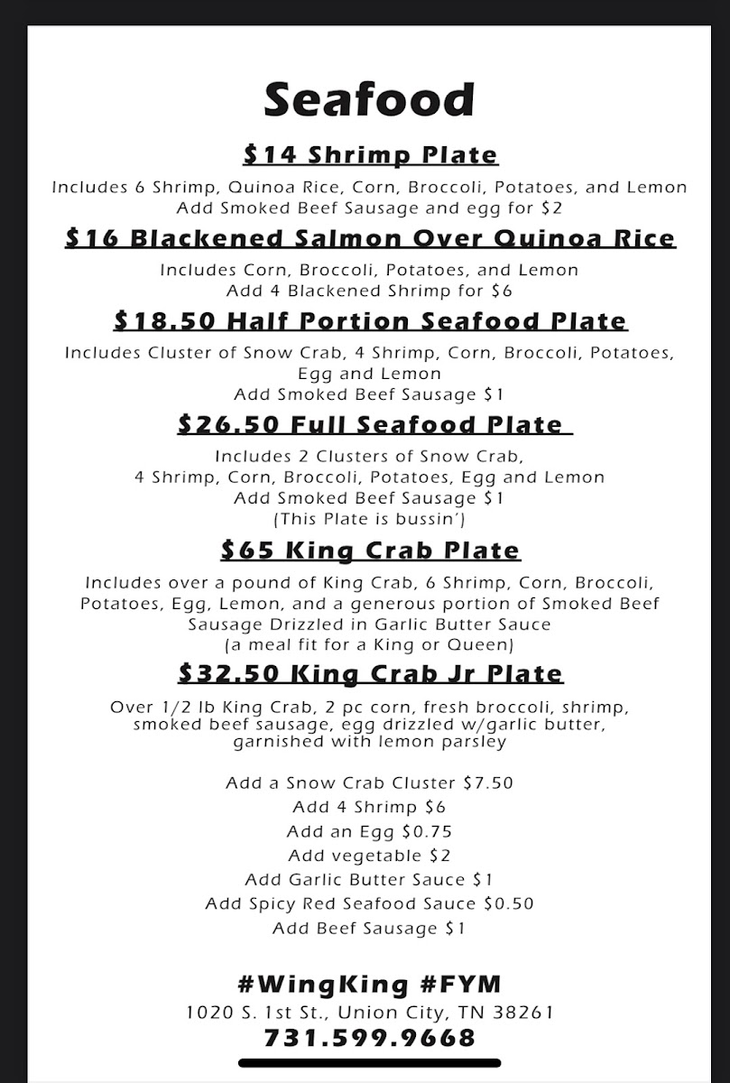The wing king menu board