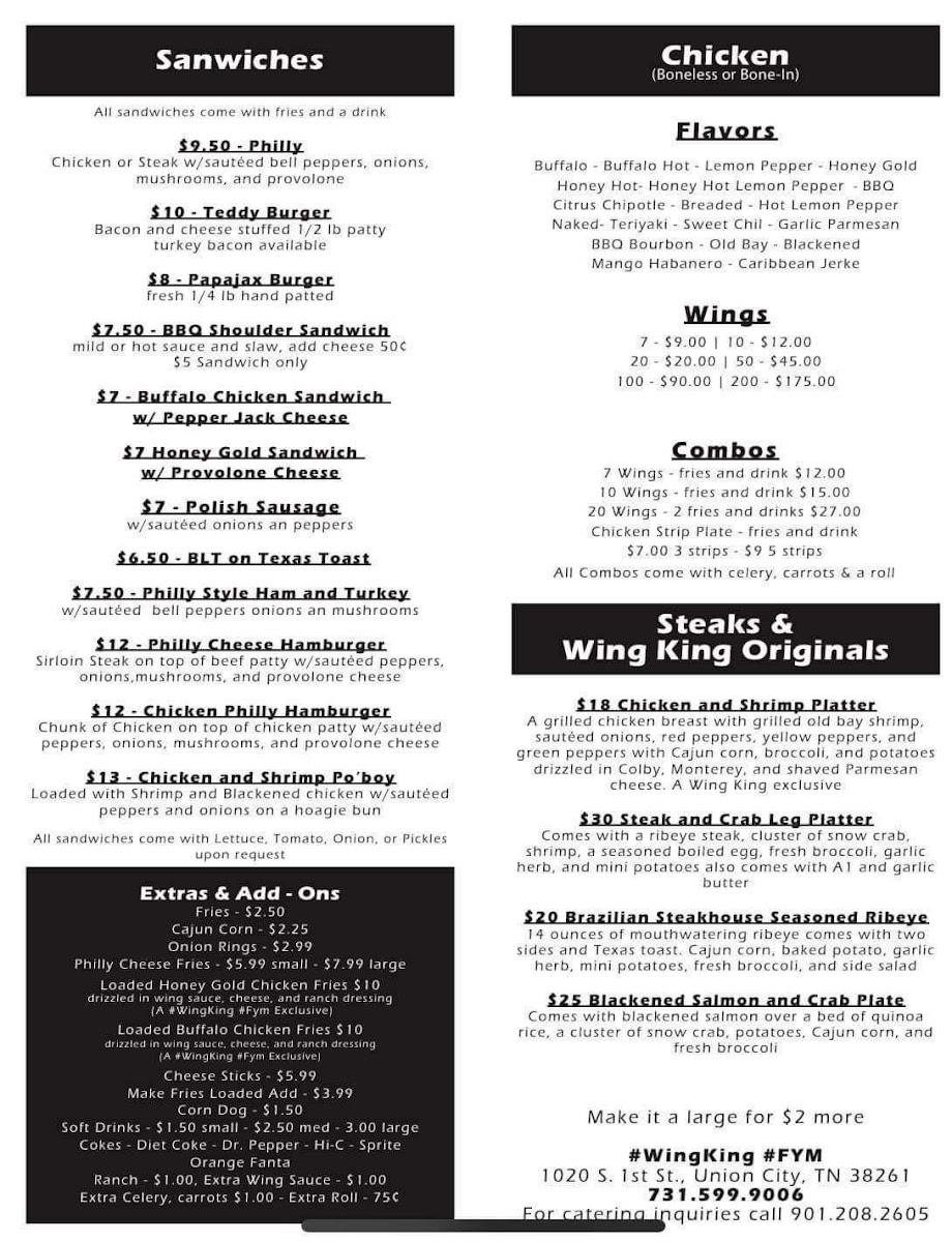 The wing king menu board