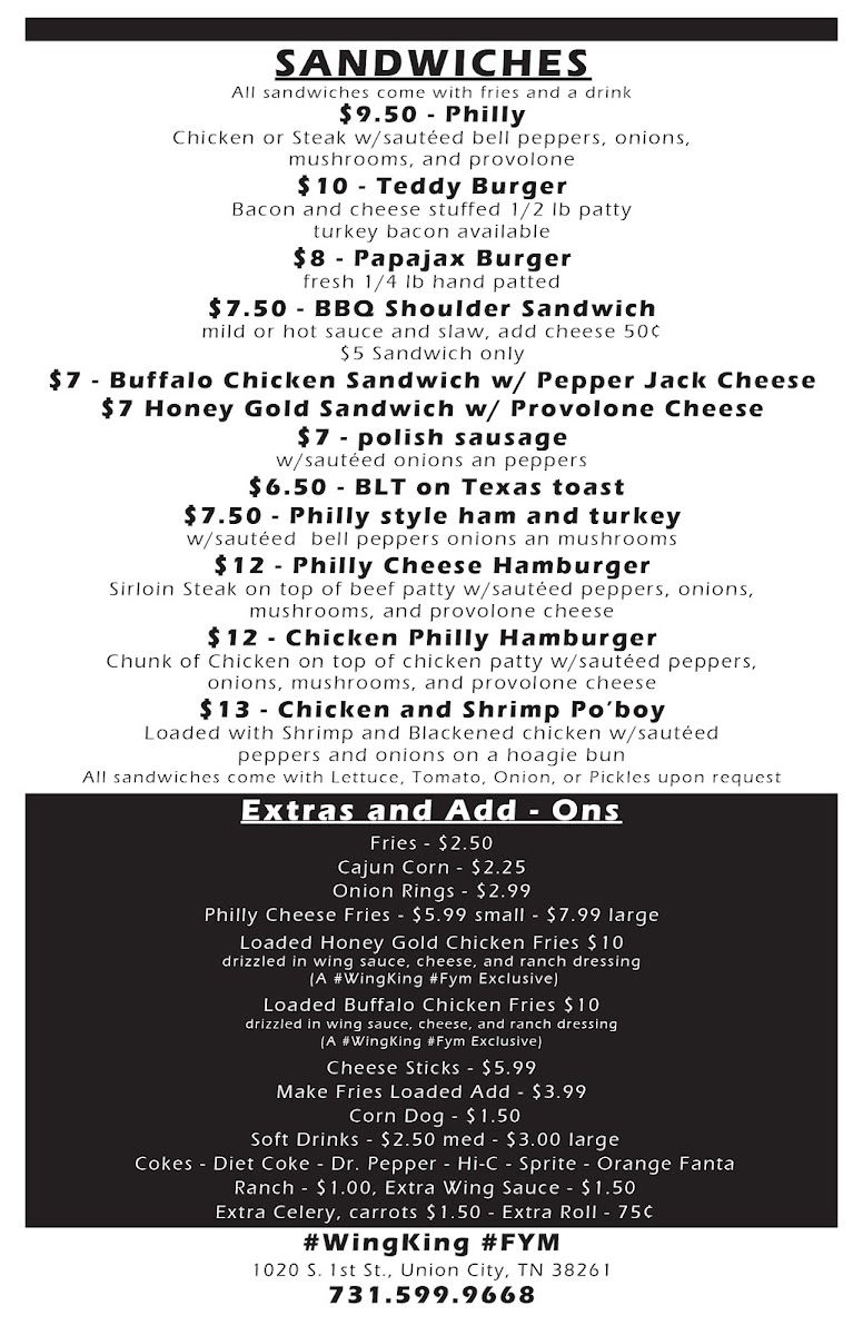 The wing king menu board