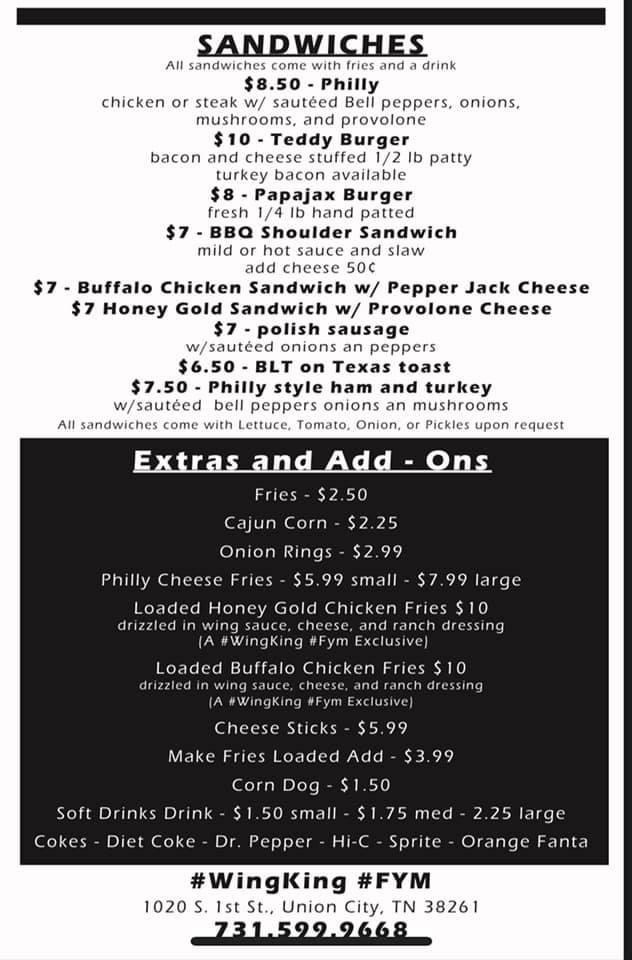 The wing king menu board