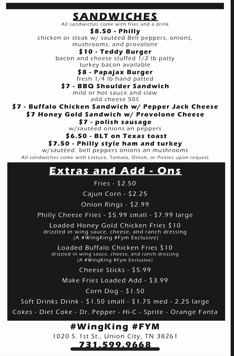 The wing king menu board