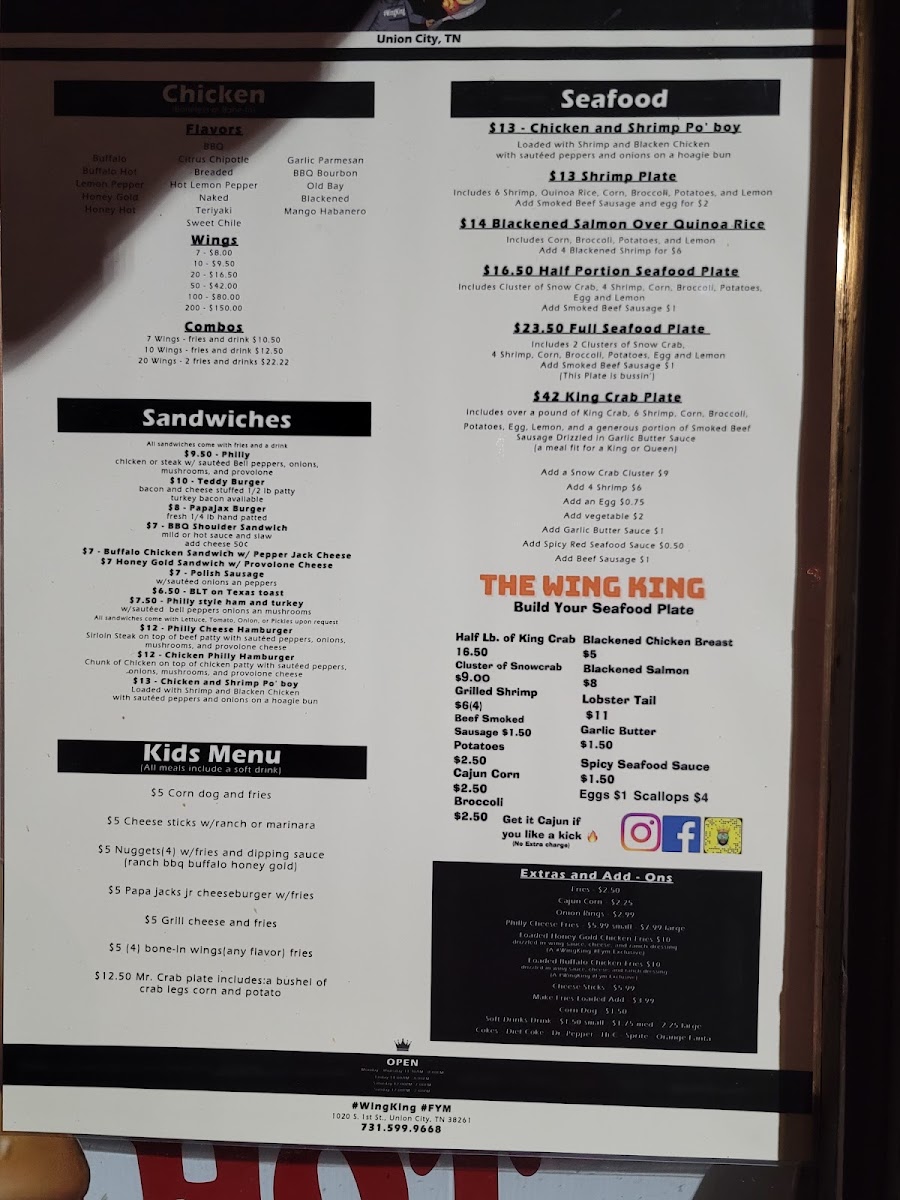The wing king menu board