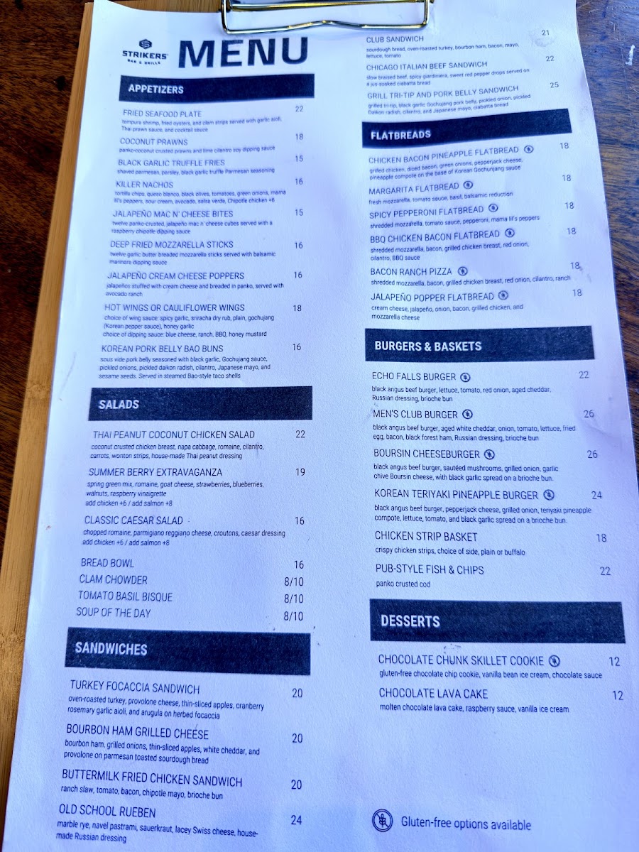 Strikers' Bar & Grille menu board