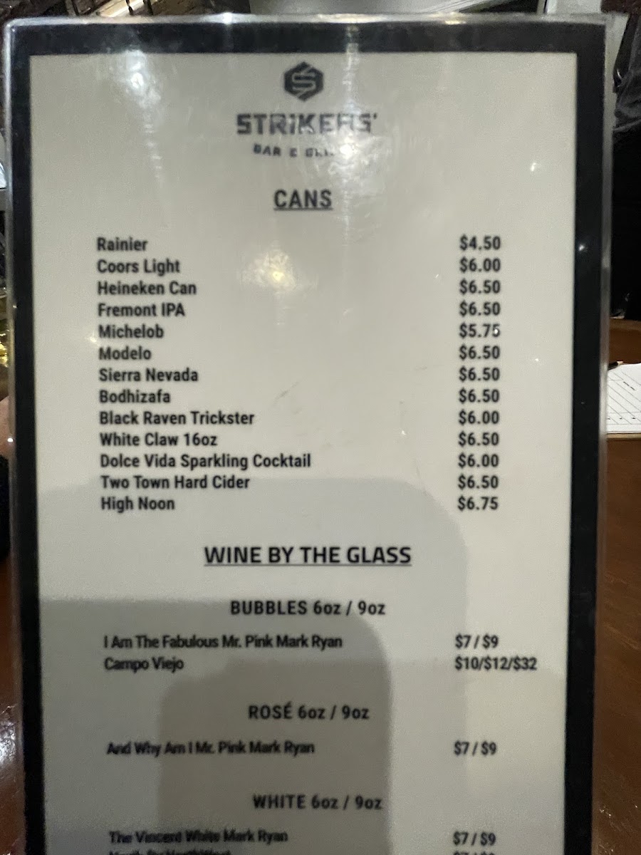 Strikers' Bar & Grille menu board