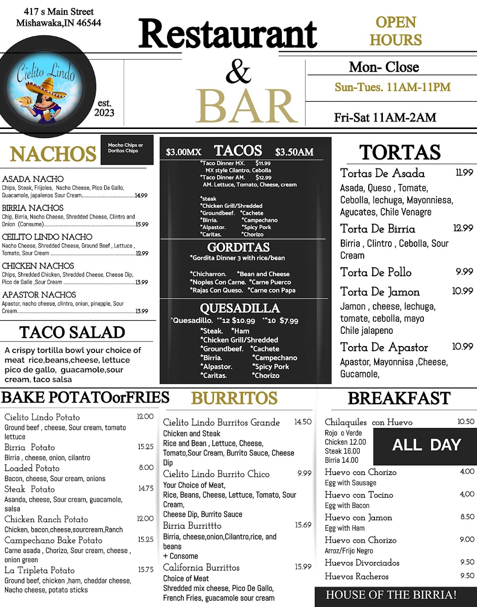 Cielito Lindo Restaurant menu board