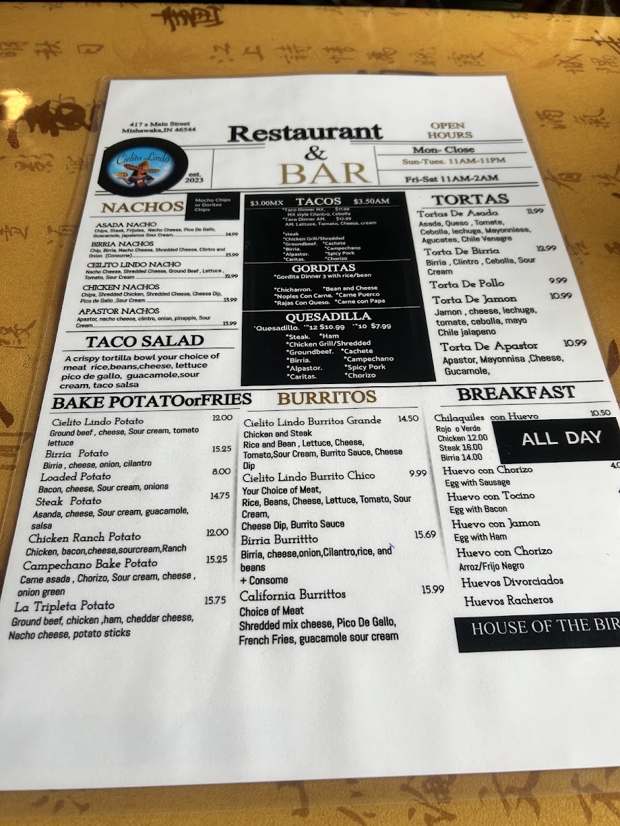 Cielito Lindo Restaurant menu board