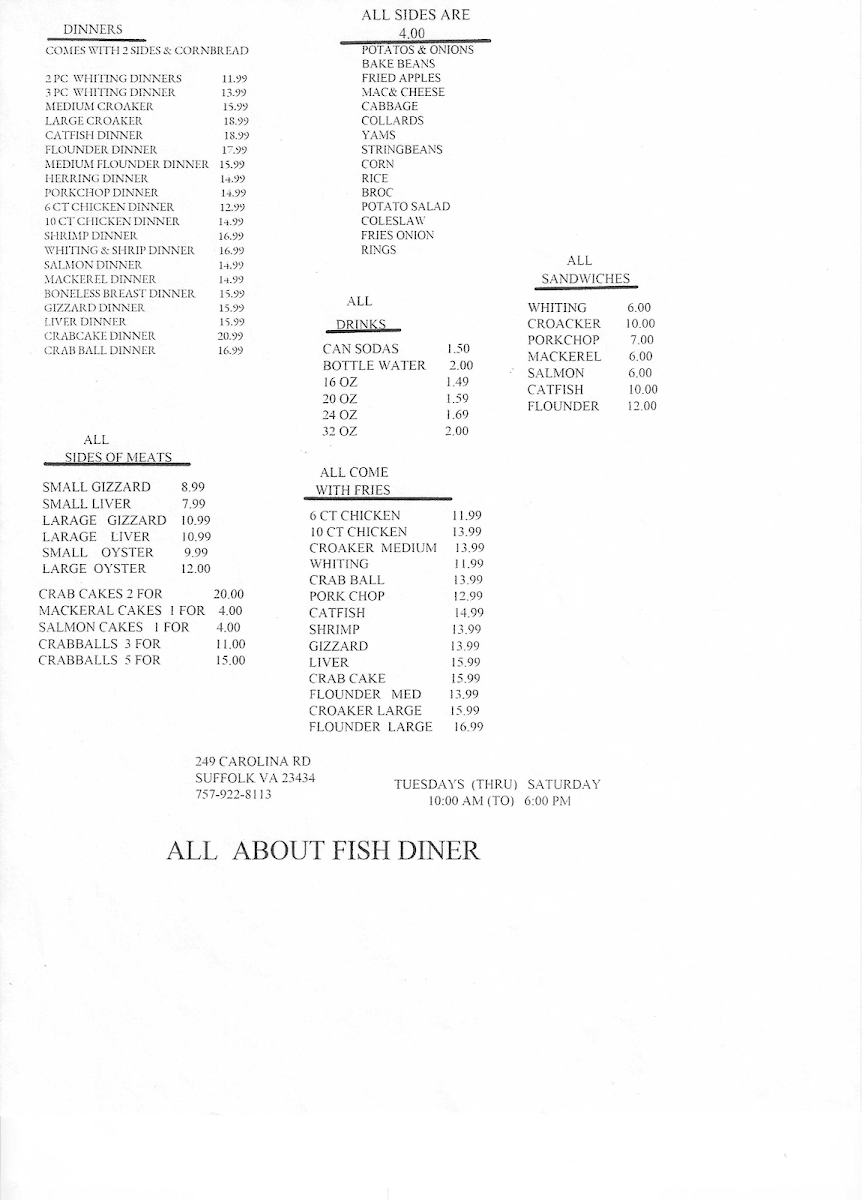 All About Fish Diner menu board
