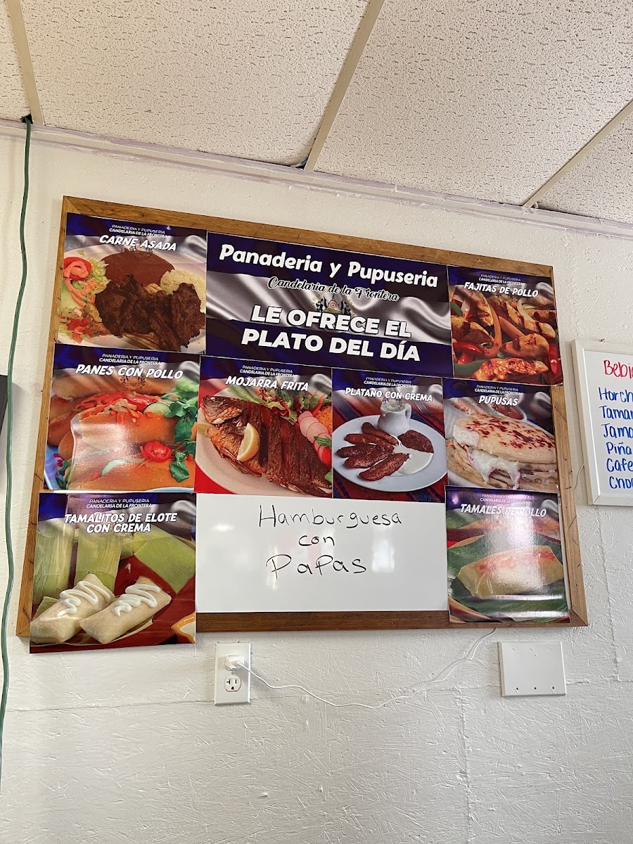 Panaderia & Pupuseria Candelaria de la Frontera menu board