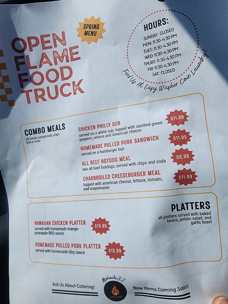 Open Flame Food Truck menu board