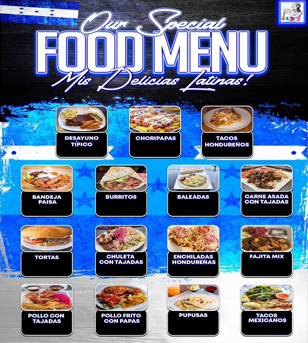 Mis Delicias Latinas (Honduran Food) menu board