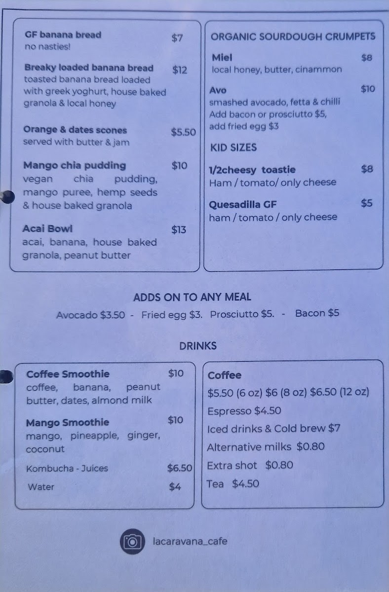 La Caravana menu board