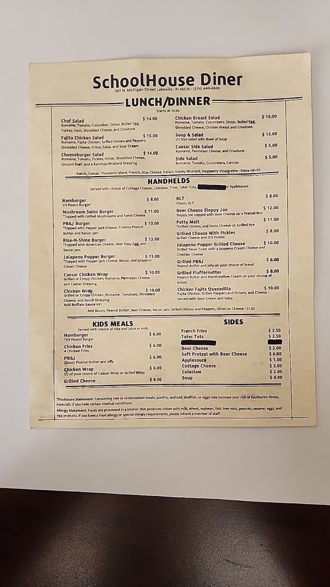 School House Diner menu board