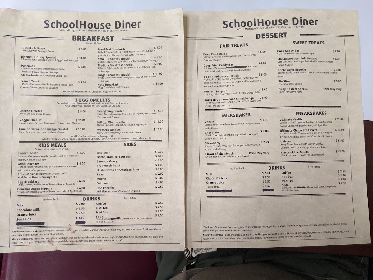 School House Diner menu board