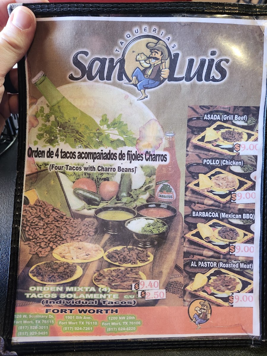 Taqueria San Luis menu board