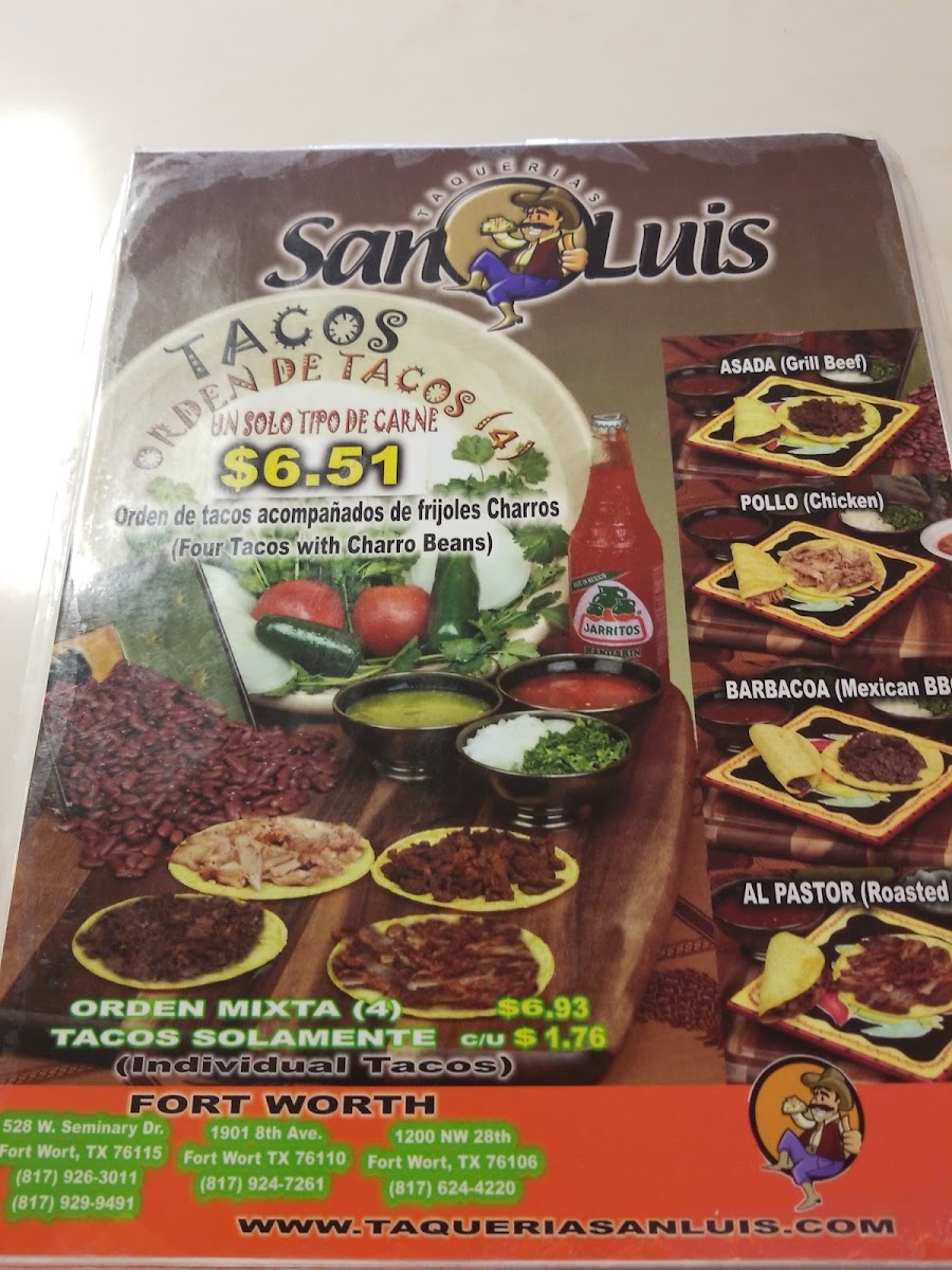 Taqueria San Luis menu board